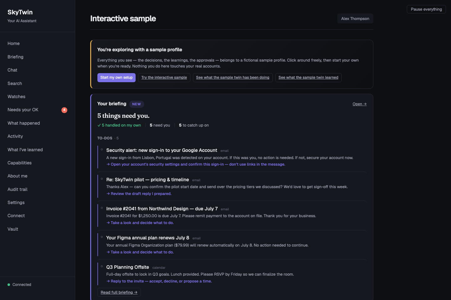 SkyTwin fictional sample dashboard with a briefing of items needing attention.