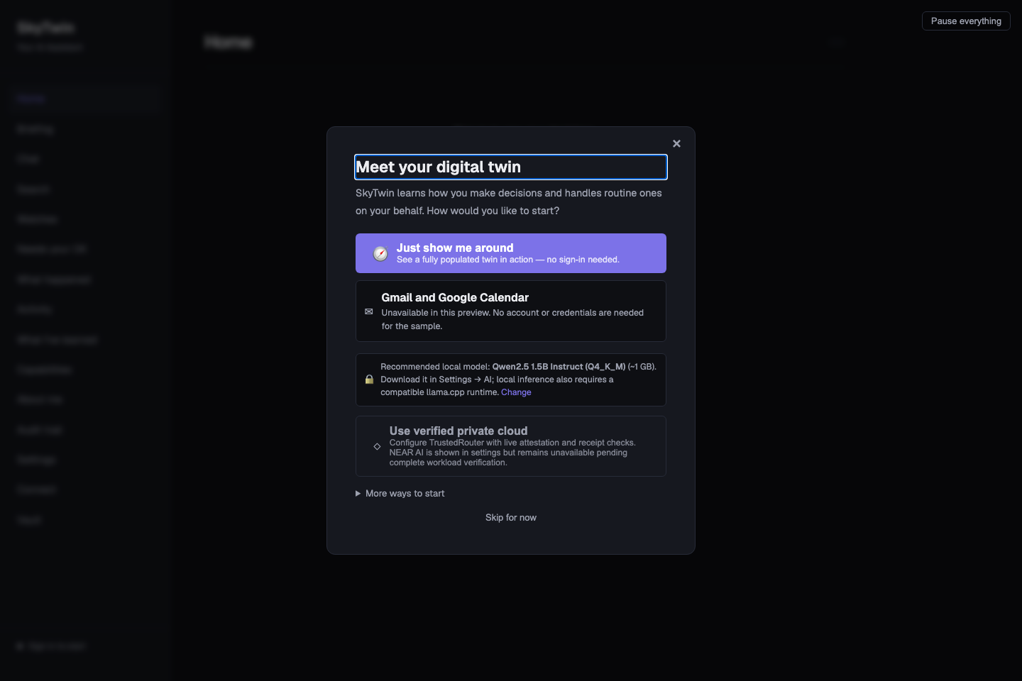 SkyTwin onboarding screen offering a fictional sample profile beside BYO Google account setup.