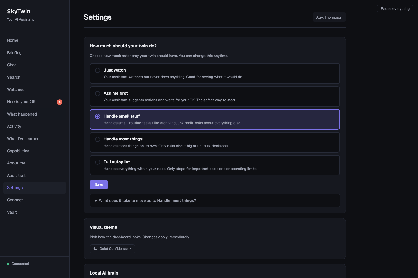 SkyTwin Settings page in a seeded source-development profile showing trust, spend, and pause controls.
