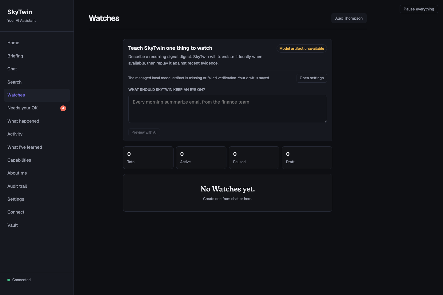SkyTwin Watches page in a seeded source-development profile showing Model artifact unavailable, a disabled Preview with AI button, and an Open settings action.