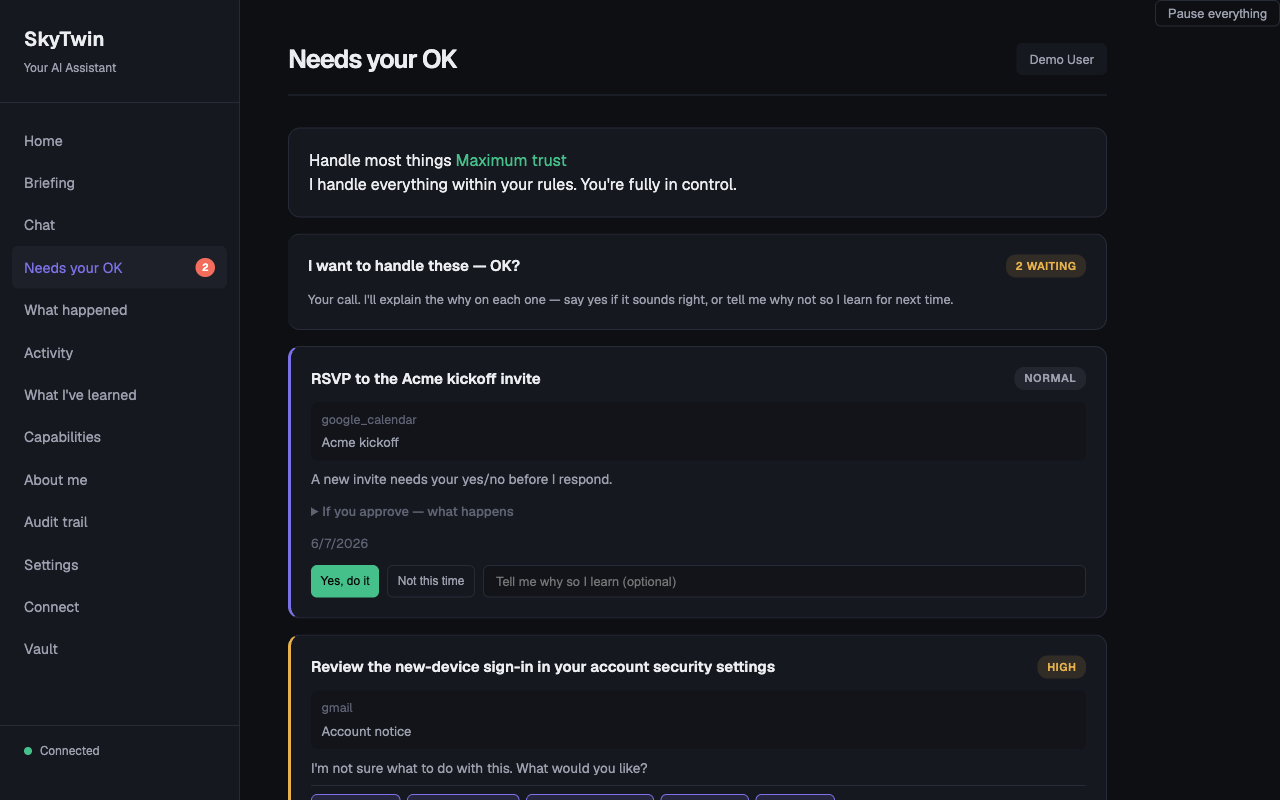 Crop of the 'Needs your OK' queue: the first approval card, 'RSVP to the Acme kickoff invite', tagged NORMAL, citing its source as google_calendar / Acme kickoff, with the line 'A new invite needs your yes/no before I respond', a collapsible 'If you approve — what happens' preview, and three controls — a green 'Yes, do it' button, 'Not this time', and a free-text box reading 'Tell me why so I learn (optional)'.