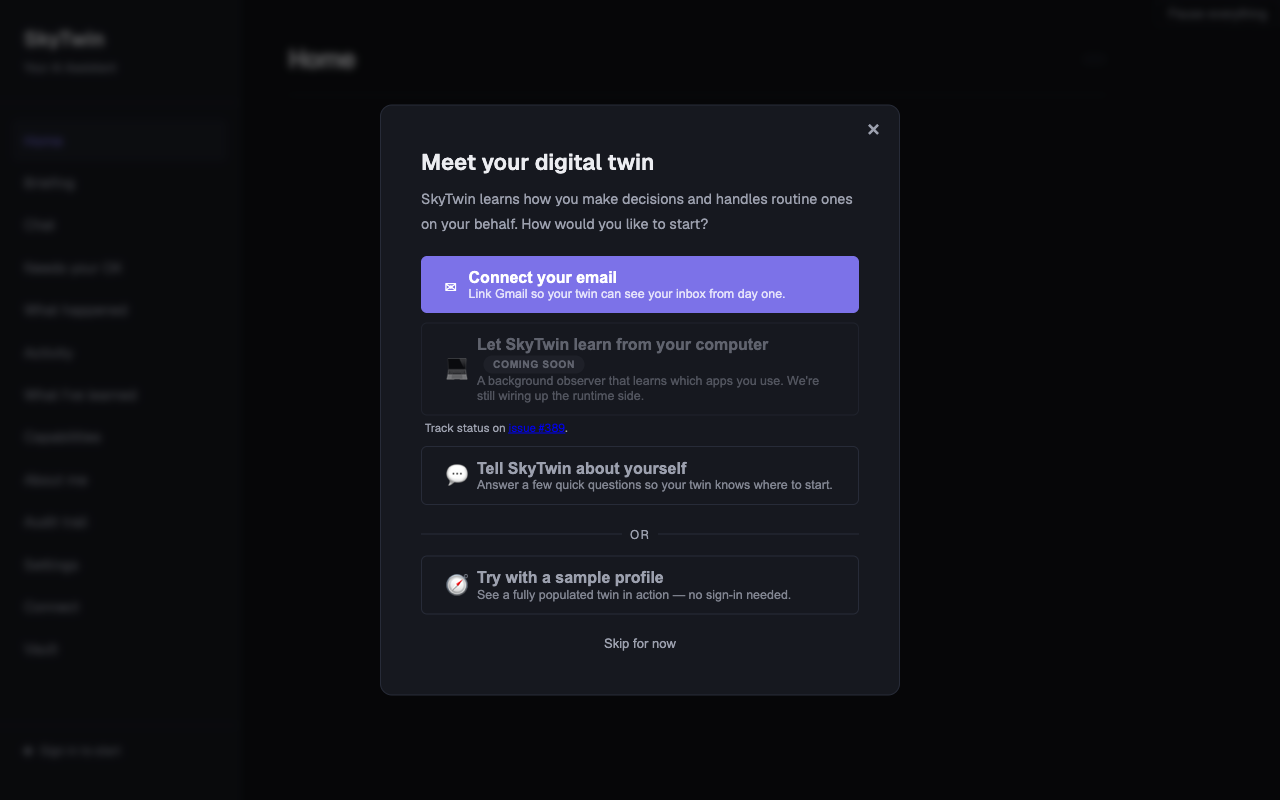 SkyTwin onboarding modal offering email connection, self-description, or a sample profile