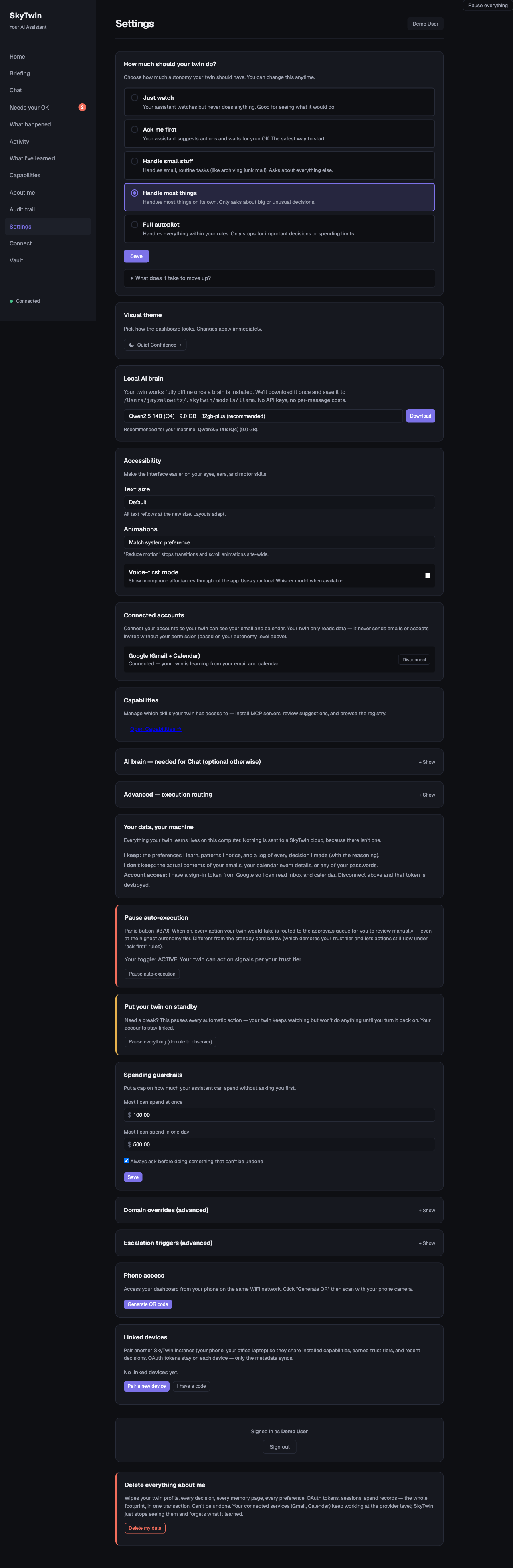Crop of the SkyTwin settings page, autonomy section: 'How much should your twin do? Choose how much autonomy your twin should have. You can change this anytime.' Five radio rows — Just watch ('Your assistant watches but never does anything'), Ask me first ('suggests actions and waits for your OK. The safest way to start.'), Handle small stuff, Handle most things (selected, marked with an accent border and filled radio), and Full autopilot. Below them a Save button and a collapsed disclosure reading 'What does it take to move up?'